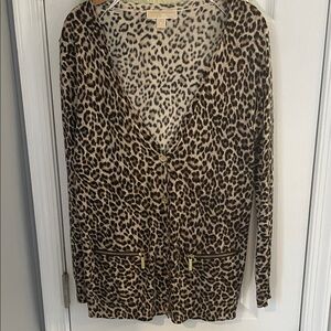 MICHAEL KORS ANIMAL PRINT LONG SLEEVE LONG CARDIGAN WITH LOGO ZIPS & BUTTONS M